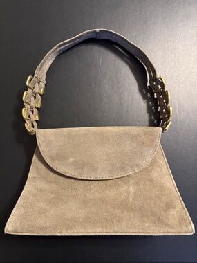 Brown Suede Shoulder Bag Milano Style Braided Strap Gold Hardware Vintage